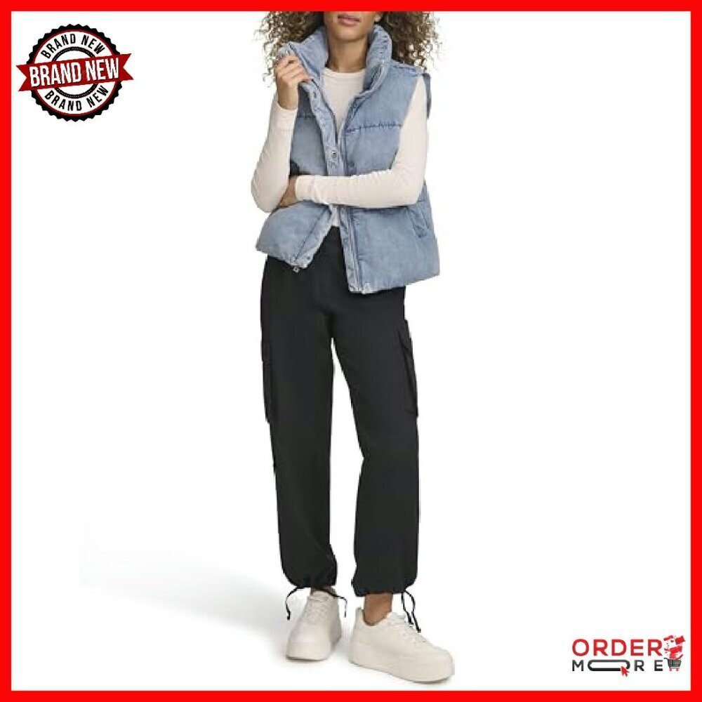 Vegan Leather Quilted Puffer Jacket, Cropped Denim Vest, Women's Sizes - Picture 3 of 6